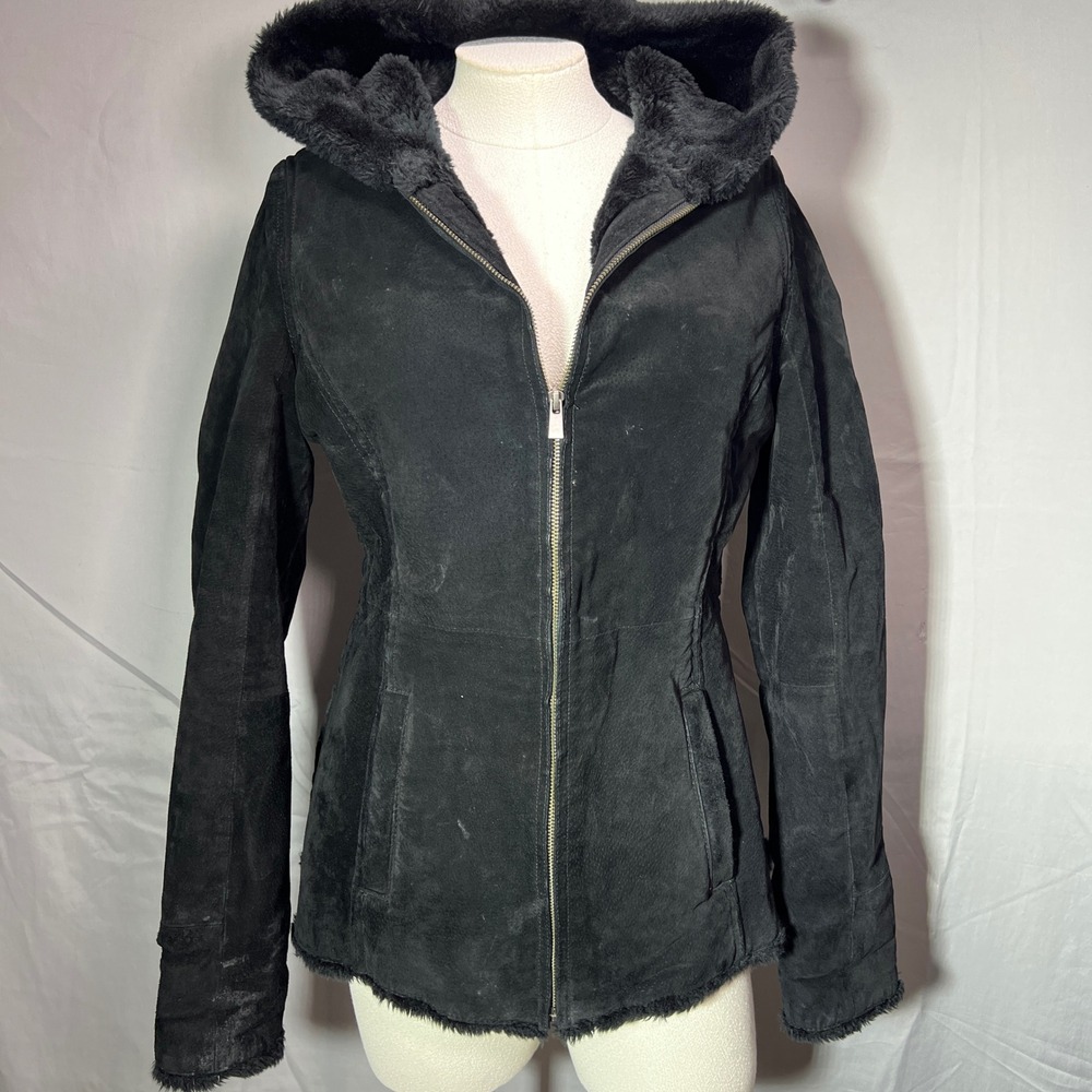 SONOMA Faux Suede Faux Fur Hoodie Jacket Women M Black Zip Up Winter Cozy Soft